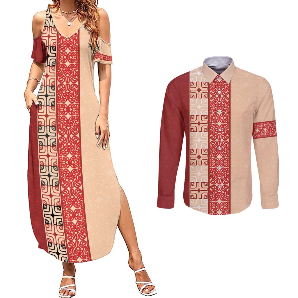 Papua New Guinea Couples Matching Summer Maxi Dress and Long Sleeve Button Shirt Oro Tapa Pattern LT05 Beige - Polynesian Pride