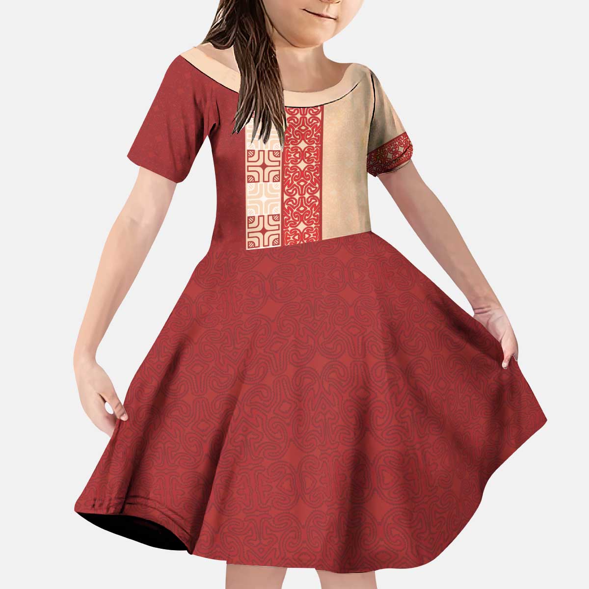 Papua New Guinea Kid Short Sleeve Dress Oro Tapa Pattern LT05 KID Beige - Polynesian Pride