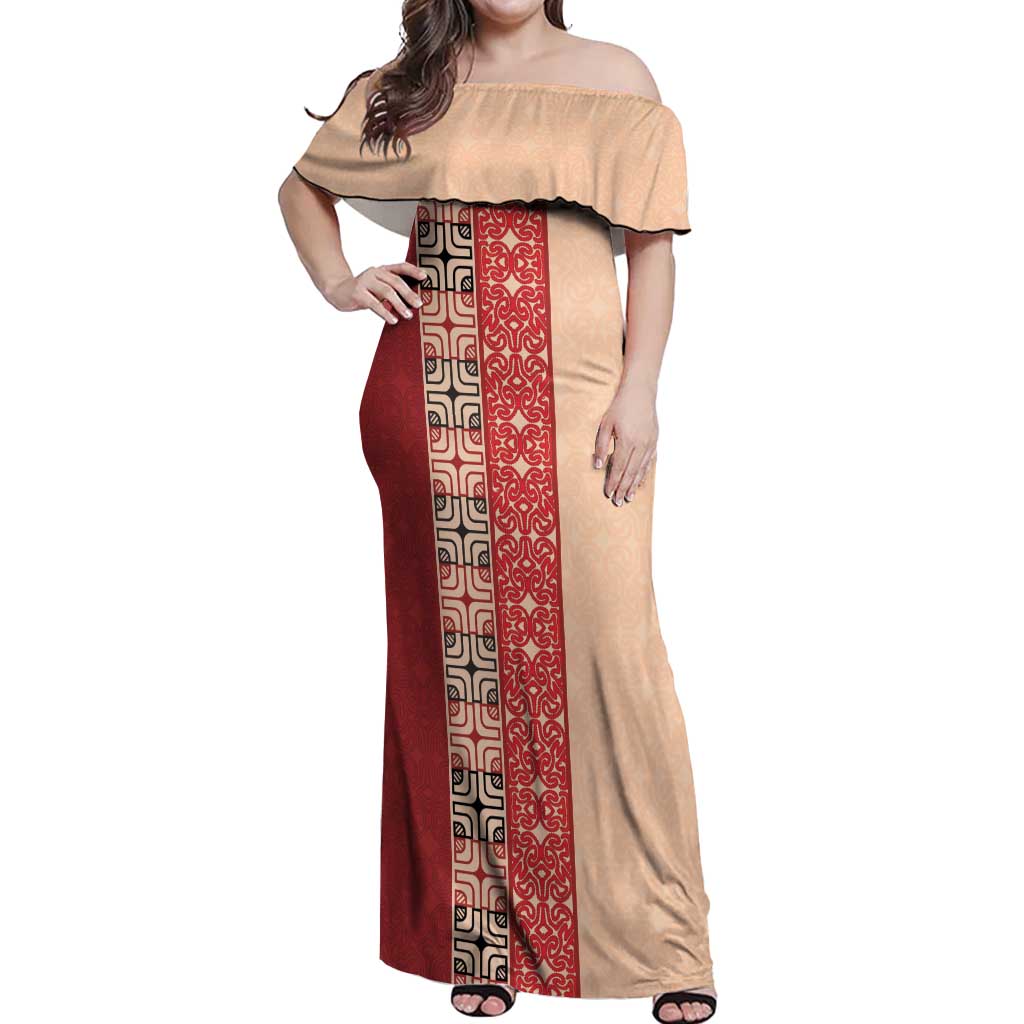 Papua New Guinea Off Shoulder Maxi Dress Oro Tapa Pattern LT05 Women Beige - Polynesian Pride