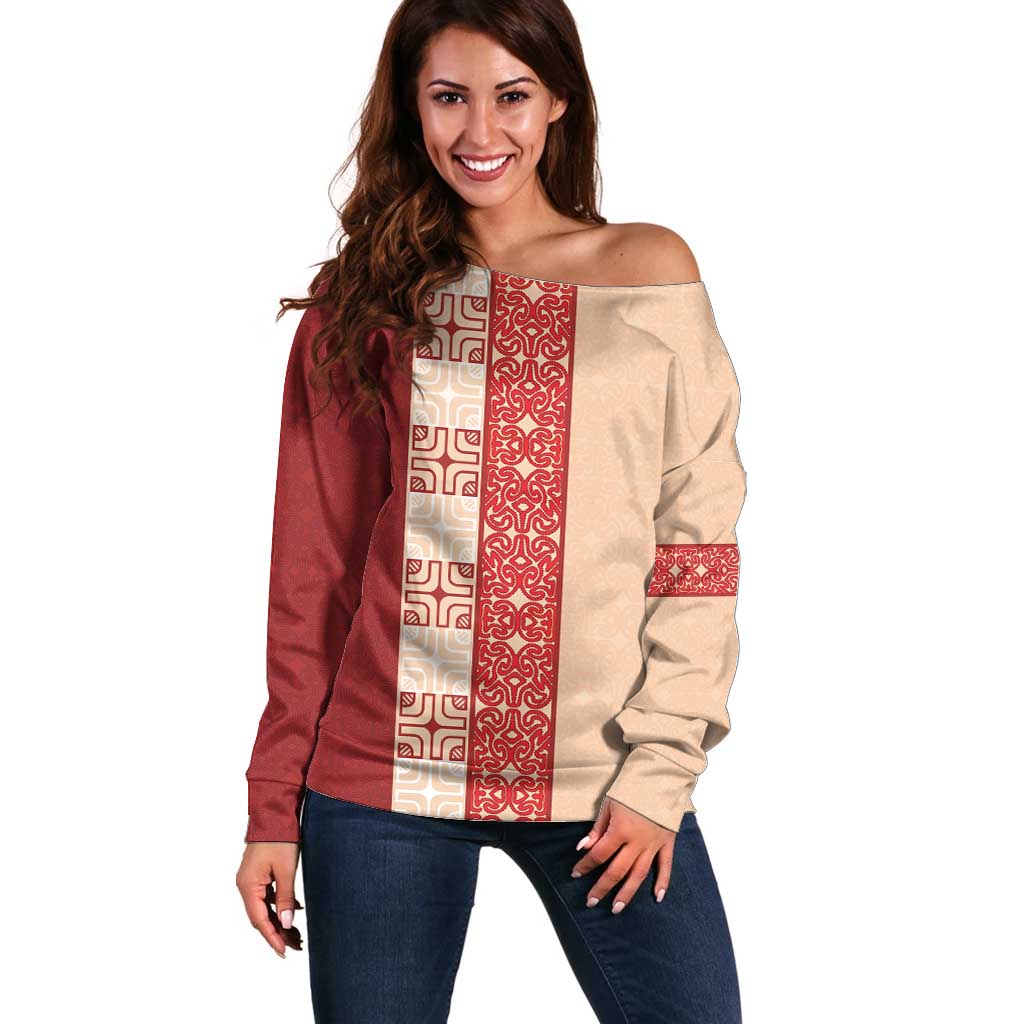 Papua New Guinea Off Shoulder Sweater Oro Tapa Pattern LT05 Women Beige - Polynesian Pride
