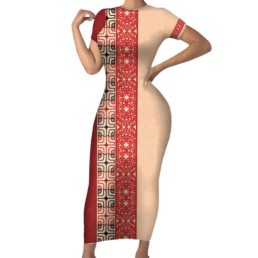 Papua New Guinea Short Sleeve Bodycon Dress Oro Tapa Pattern LT05 Long Dress Beige - Polynesian Pride