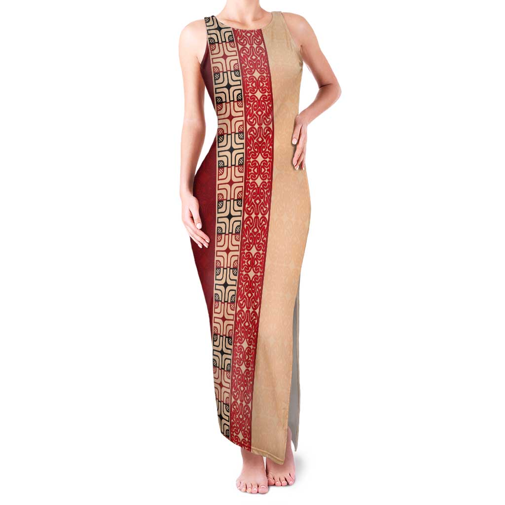Papua New Guinea Tank Maxi Dress Oro Tapa Pattern LT05 Women Beige - Polynesian Pride