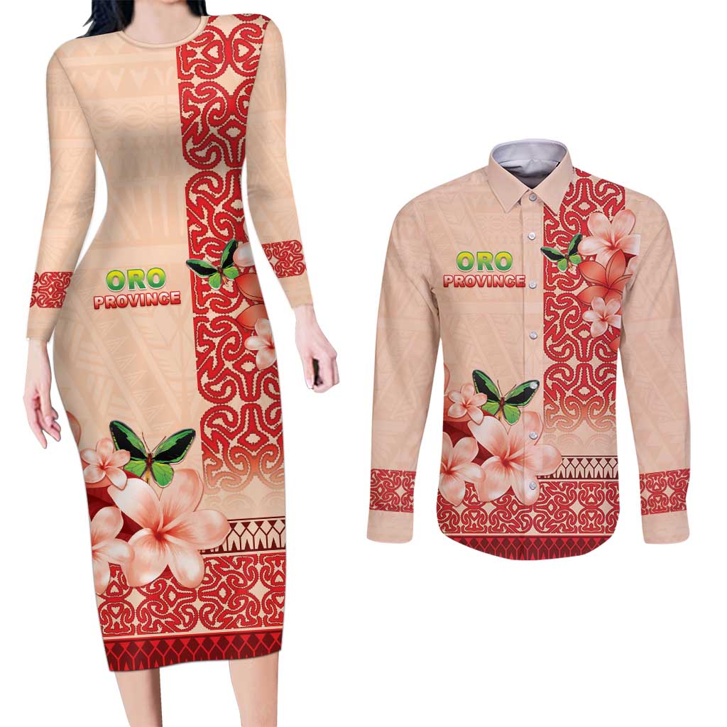 Papua New Guinea Oro Province Couples Matching Long Sleeve Bodycon Dress and Long Sleeve Button Shirt Oro Birdwing Butterfly LT05 Beige - Polynesian Pride