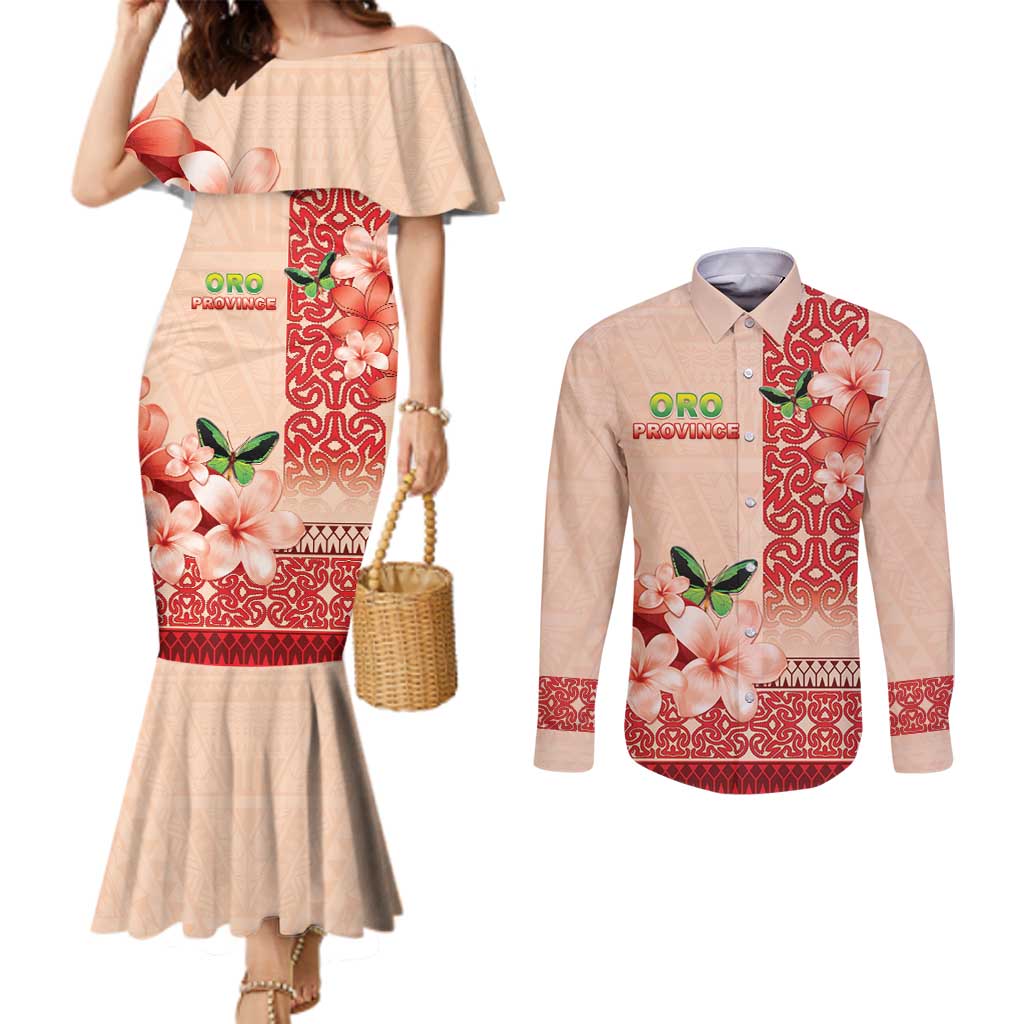 Papua New Guinea Oro Province Couples Matching Mermaid Dress and Long Sleeve Button Shirt Oro Birdwing Butterfly LT05 Beige - Polynesian Pride
