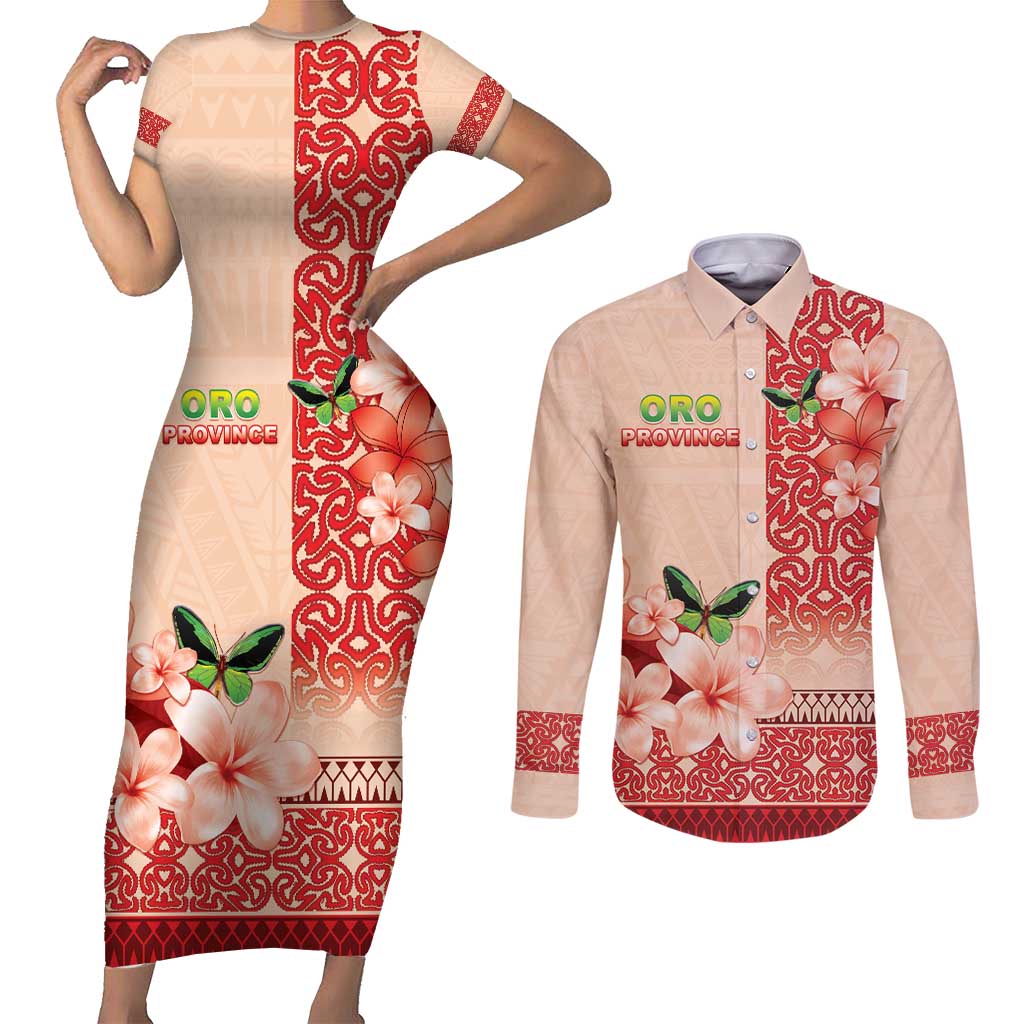 Papua New Guinea Oro Province Couples Matching Short Sleeve Bodycon Dress and Long Sleeve Button Shirt Oro Birdwing Butterfly LT05 Beige - Polynesian Pride