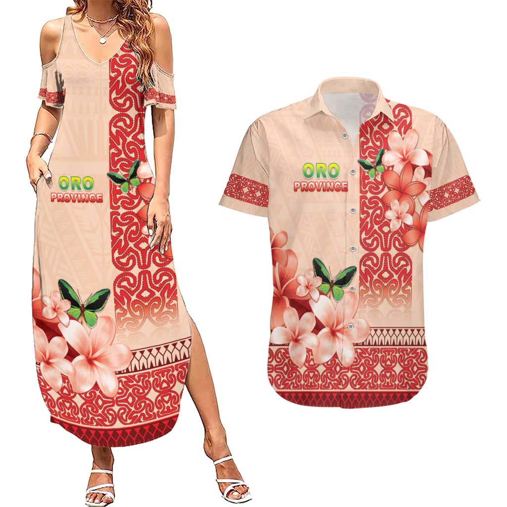 Papua New Guinea Oro Province Couples Matching Summer Maxi Dress and Hawaiian Shirt Oro Birdwing Butterfly LT05 Beige - Polynesian Pride