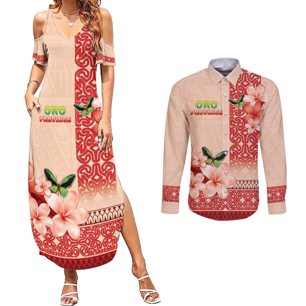 Papua New Guinea Oro Province Couples Matching Summer Maxi Dress and Long Sleeve Button Shirt Oro Birdwing Butterfly LT05 Beige - Polynesian Pride