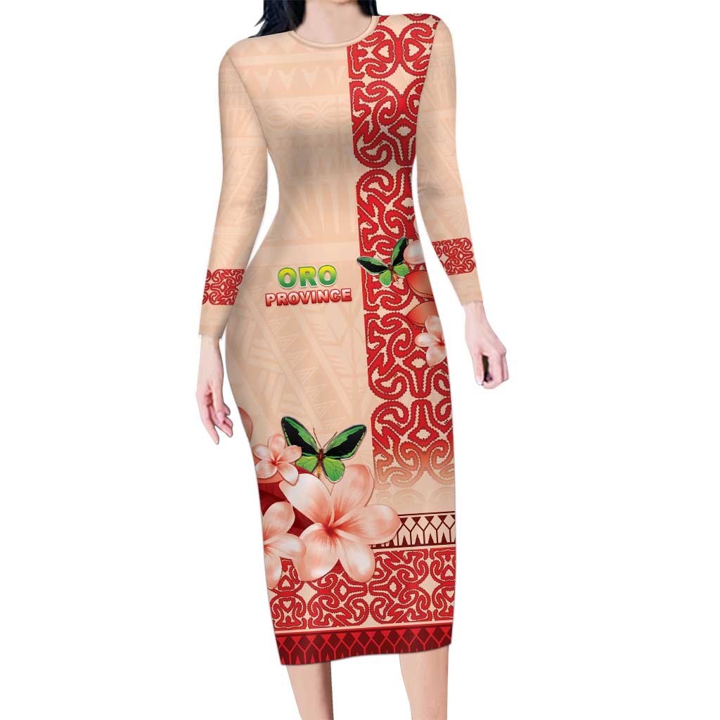 Papua New Guinea Oro Province Long Sleeve Bodycon Dress Oro Birdwing Butterfly LT05 Long Dress Beige - Polynesian Pride