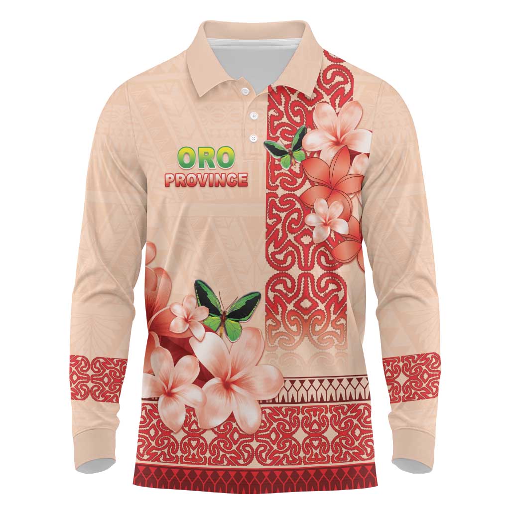 Papua New Guinea Oro Province Long Sleeve Polo Shirt Oro Birdwing Butterfly LT05 Beige - Polynesian Pride