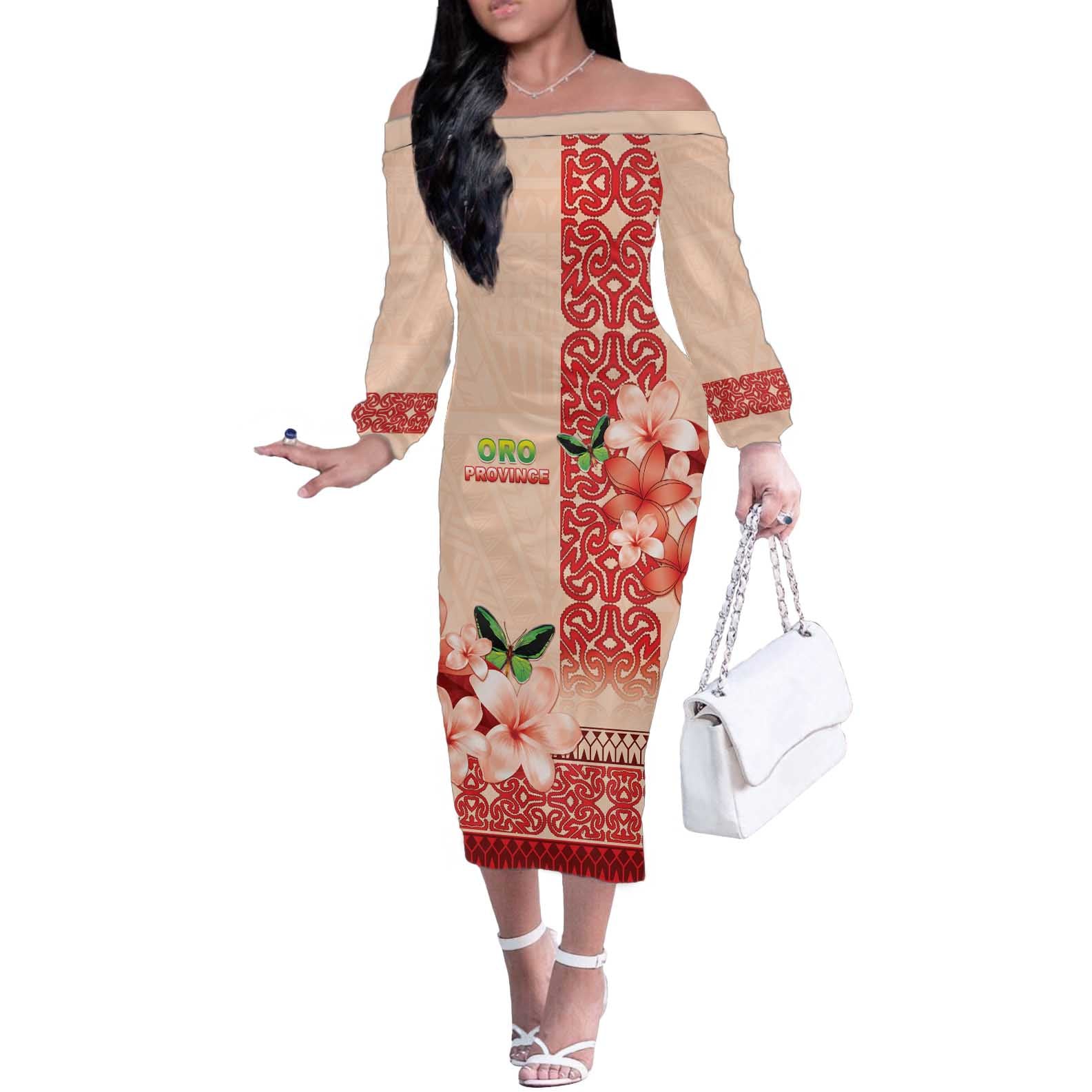 Papua New Guinea Oro Province Off The Shoulder Long Sleeve Dress Oro Birdwing Butterfly LT05 Women Beige - Polynesian Pride