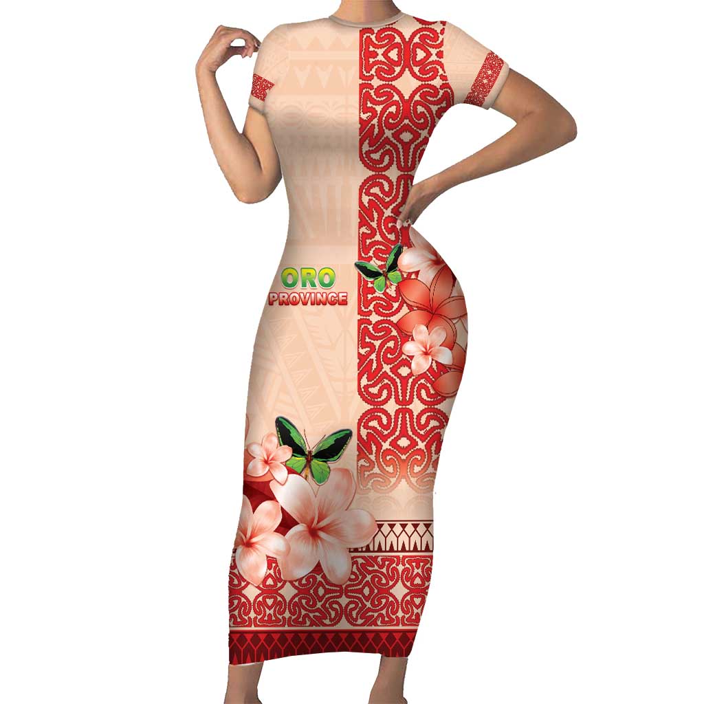Papua New Guinea Oro Province Short Sleeve Bodycon Dress Oro Birdwing Butterfly LT05 Long Dress Beige - Polynesian Pride
