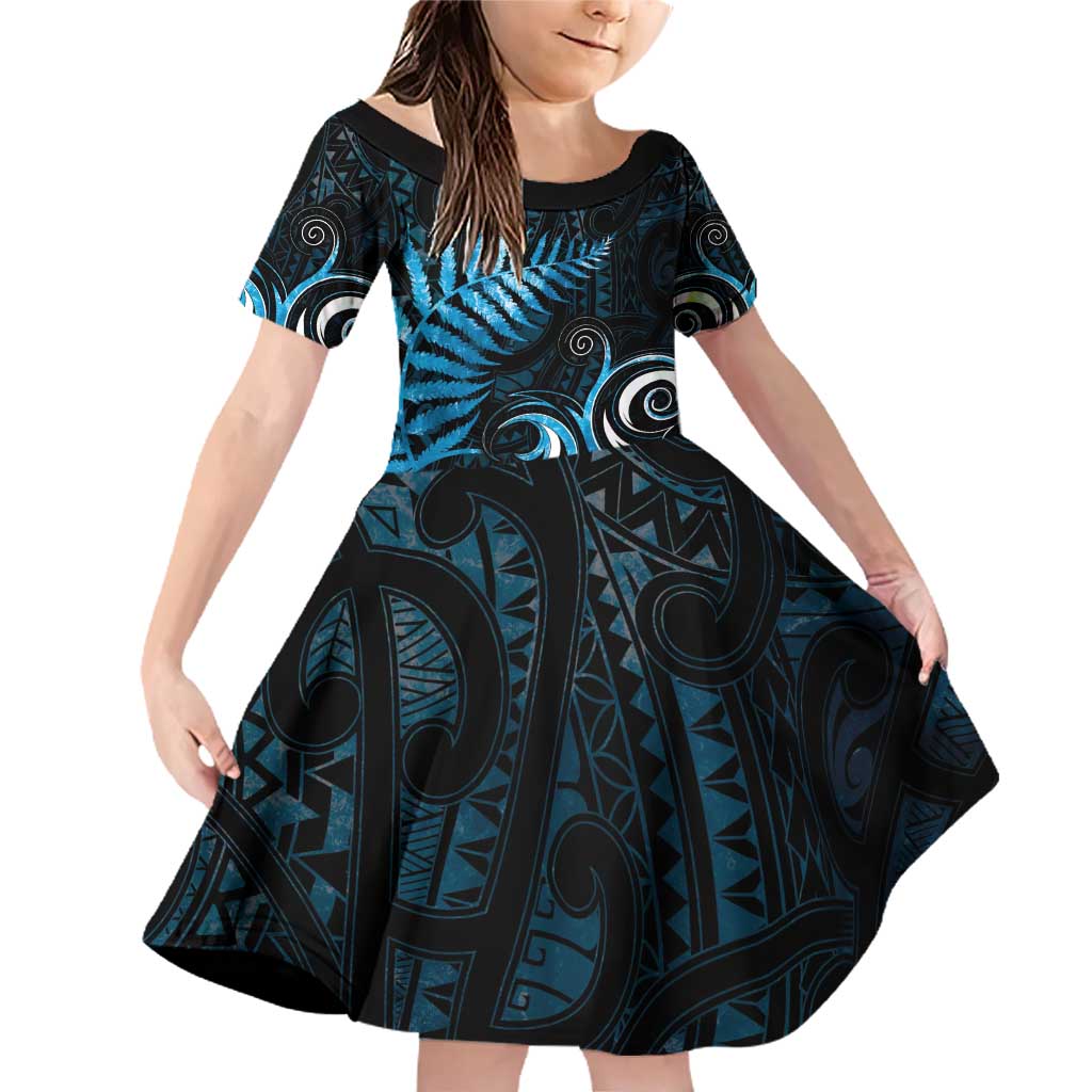 New Zealand Sea Week Family Matching Off Shoulder Short Dress and Hawaiian Shirt Maori Wave Pattern Ocean Blue