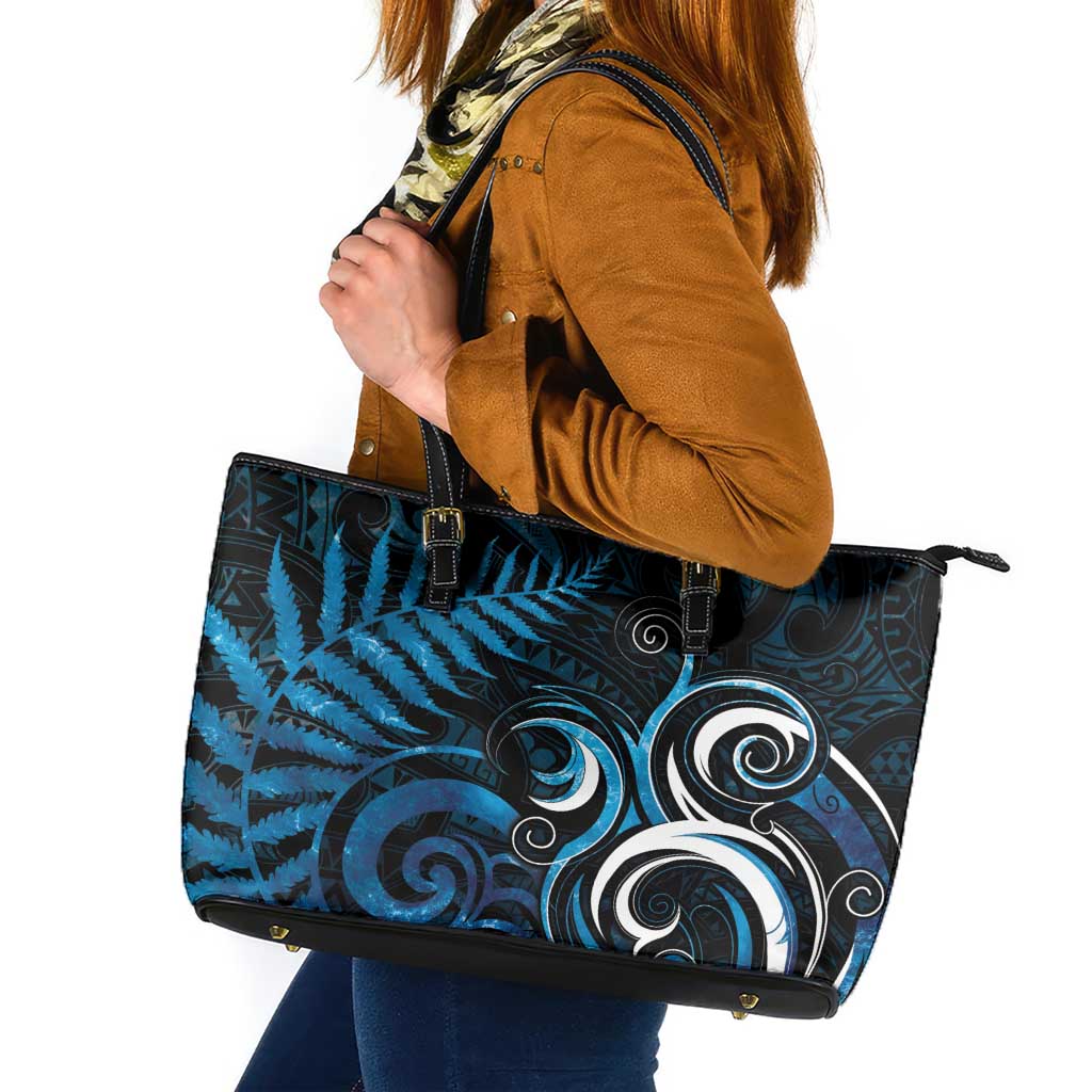 New Zealand Sea Week Leather Tote Bag Maori Wave Pattern Ocean Blue LT05 Blue - Polynesian Pride