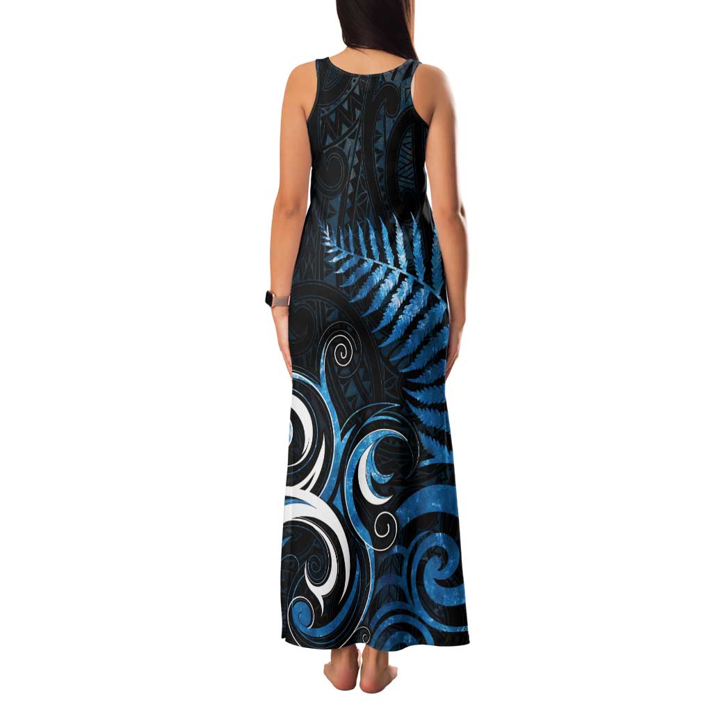 New Zealand Sea Week Tank Maxi Dress Maori Wave Pattern Ocean Blue