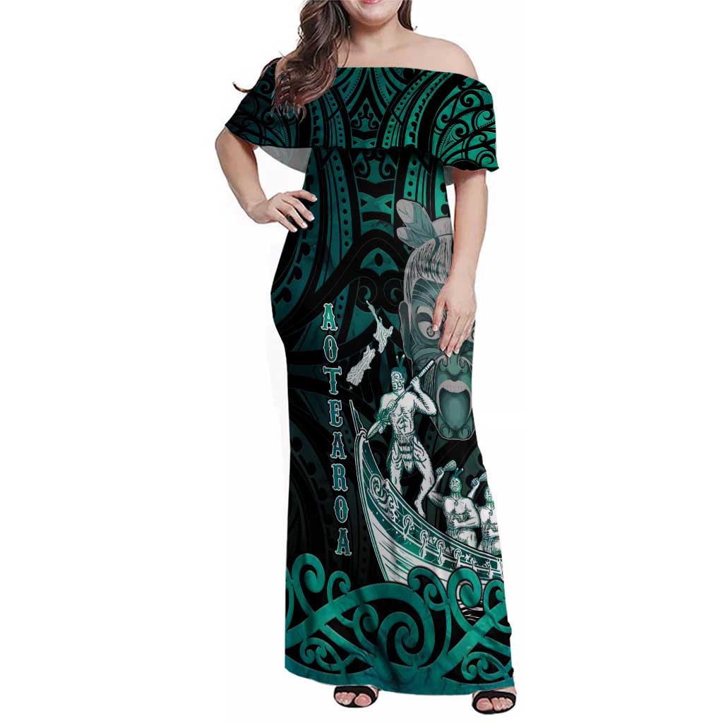 Personalised New Zealand Waka Racing Family Matching Off Shoulder Maxi Dress and Hawaiian Shirt Maori Warriors