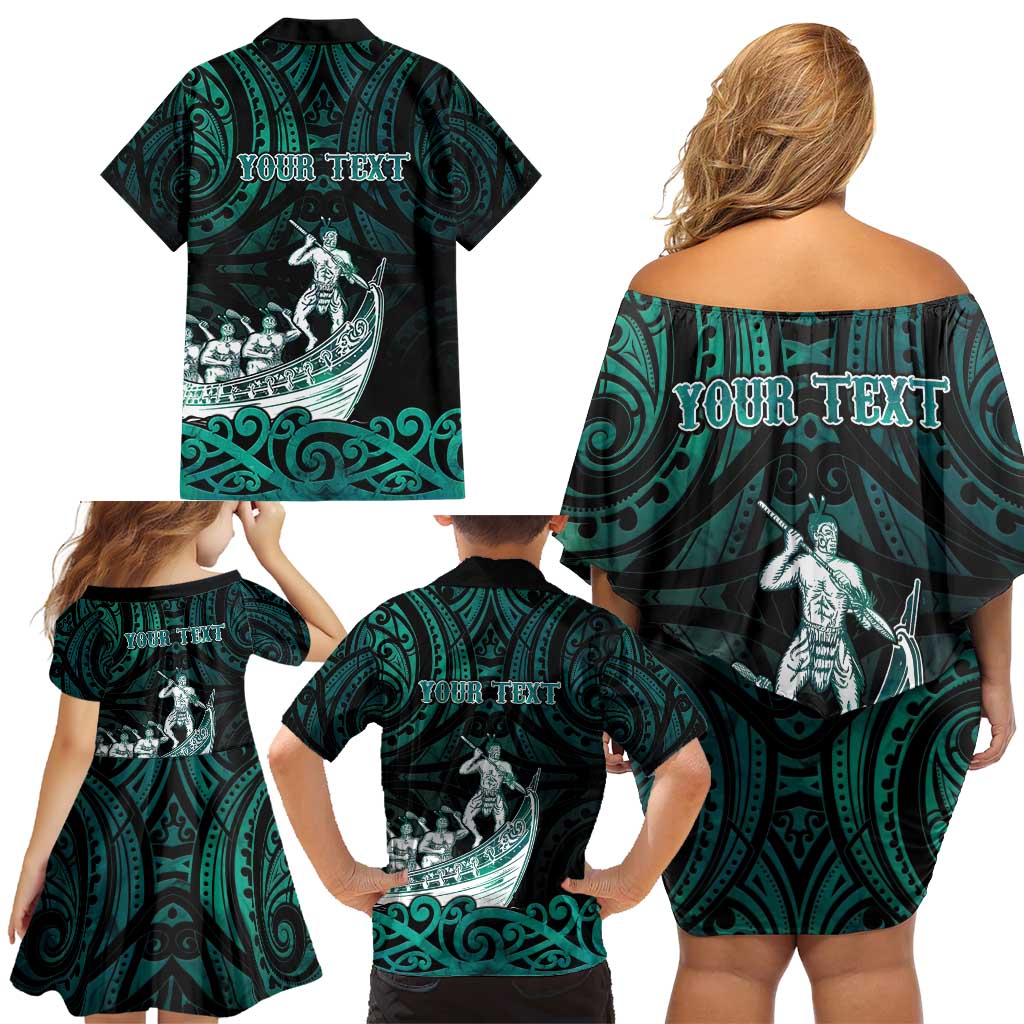 Personalised New Zealand Waka Racing Family Matching Off Shoulder Short Dress and Hawaiian Shirt Maori Warriors