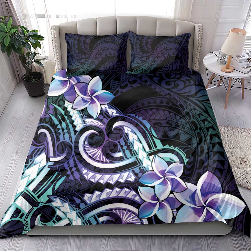 Polynesian Art Tattoo Bedding Set Plumeria Flowers Turquoise Gradient