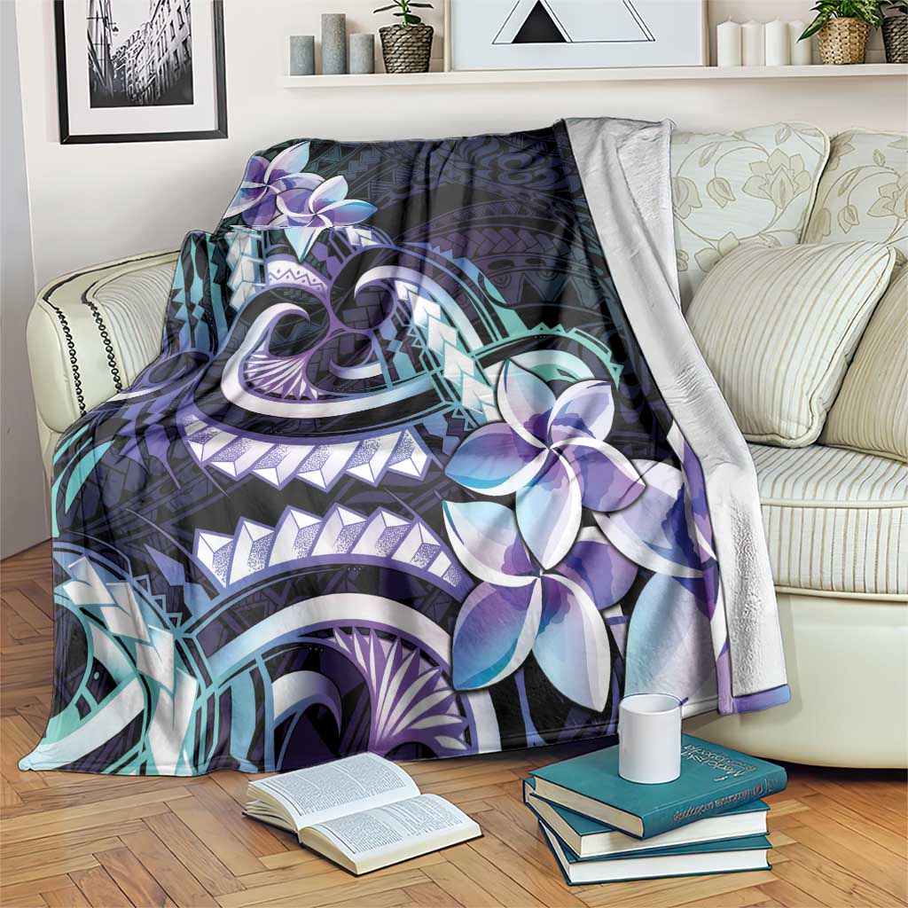 Polynesian Art Tattoo Blanket Plumeria Flowers Turquoise Gradient