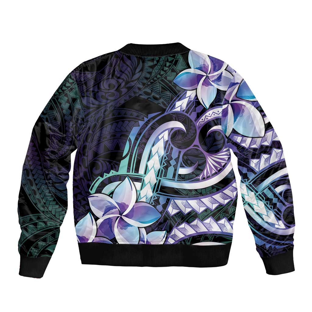 Polynesian Art Tattoo Bomber Jacket Plumeria Flowers Turquoise Gradient LT05 - Polynesian Pride