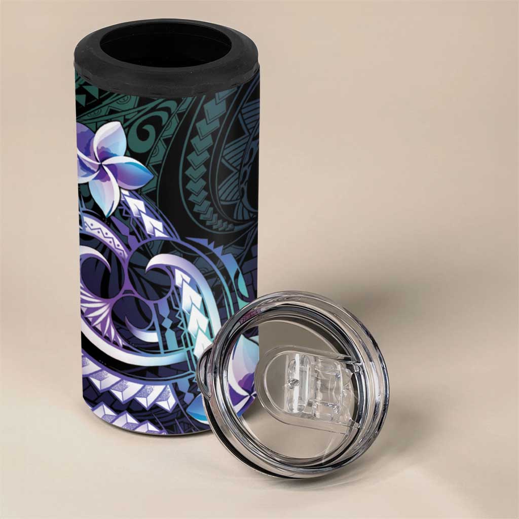 Polynesian Art Tattoo 4 in 1 Can Cooler Tumbler Plumeria Flowers Turquoise Gradient