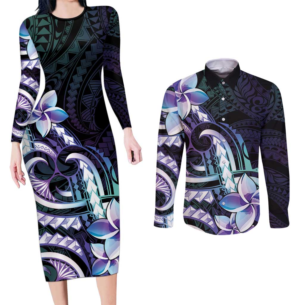 Polynesian Art Tattoo Couples Matching Long Sleeve Bodycon Dress and Long Sleeve Button Shirt Plumeria Flowers Turquoise Gradient
