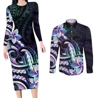 Polynesian Art Tattoo Couples Matching Long Sleeve Bodycon Dress and Long Sleeve Button Shirt Plumeria Flowers Turquoise Gradient
