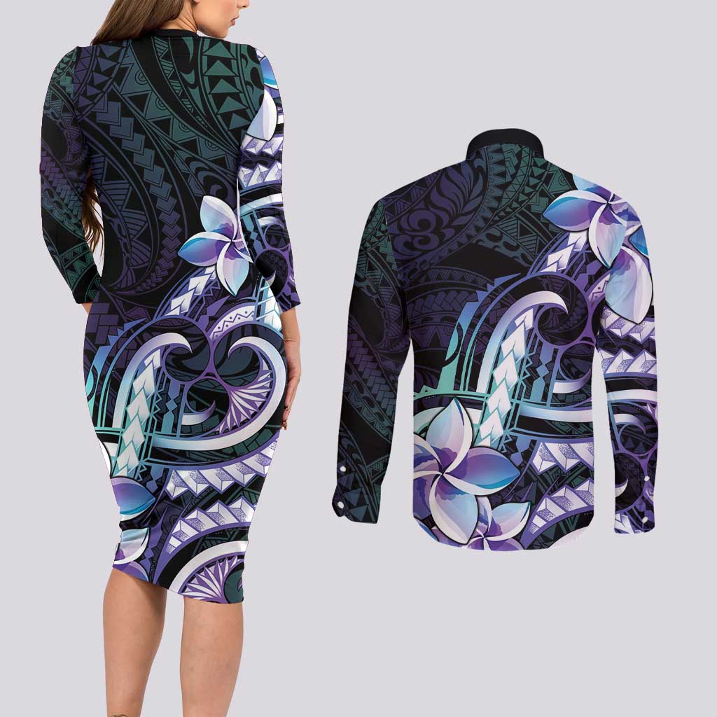 Polynesian Art Tattoo Couples Matching Long Sleeve Bodycon Dress and Long Sleeve Button Shirt Plumeria Flowers Turquoise Gradient