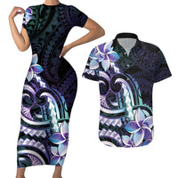 Polynesian Art Tattoo Couples Matching Short Sleeve Bodycon Dress and Hawaiian Shirt Plumeria Flowers Turquoise Gradient