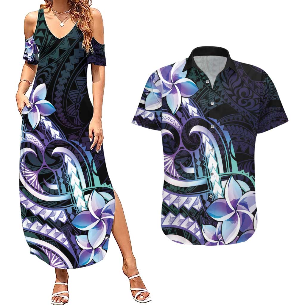 Polynesian Art Tattoo Couples Matching Summer Maxi Dress and Hawaiian Shirt Plumeria Flowers Turquoise Gradient