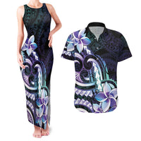 Polynesian Art Tattoo Couples Matching Tank Maxi Dress and Hawaiian Shirt Plumeria Flowers Turquoise Gradient