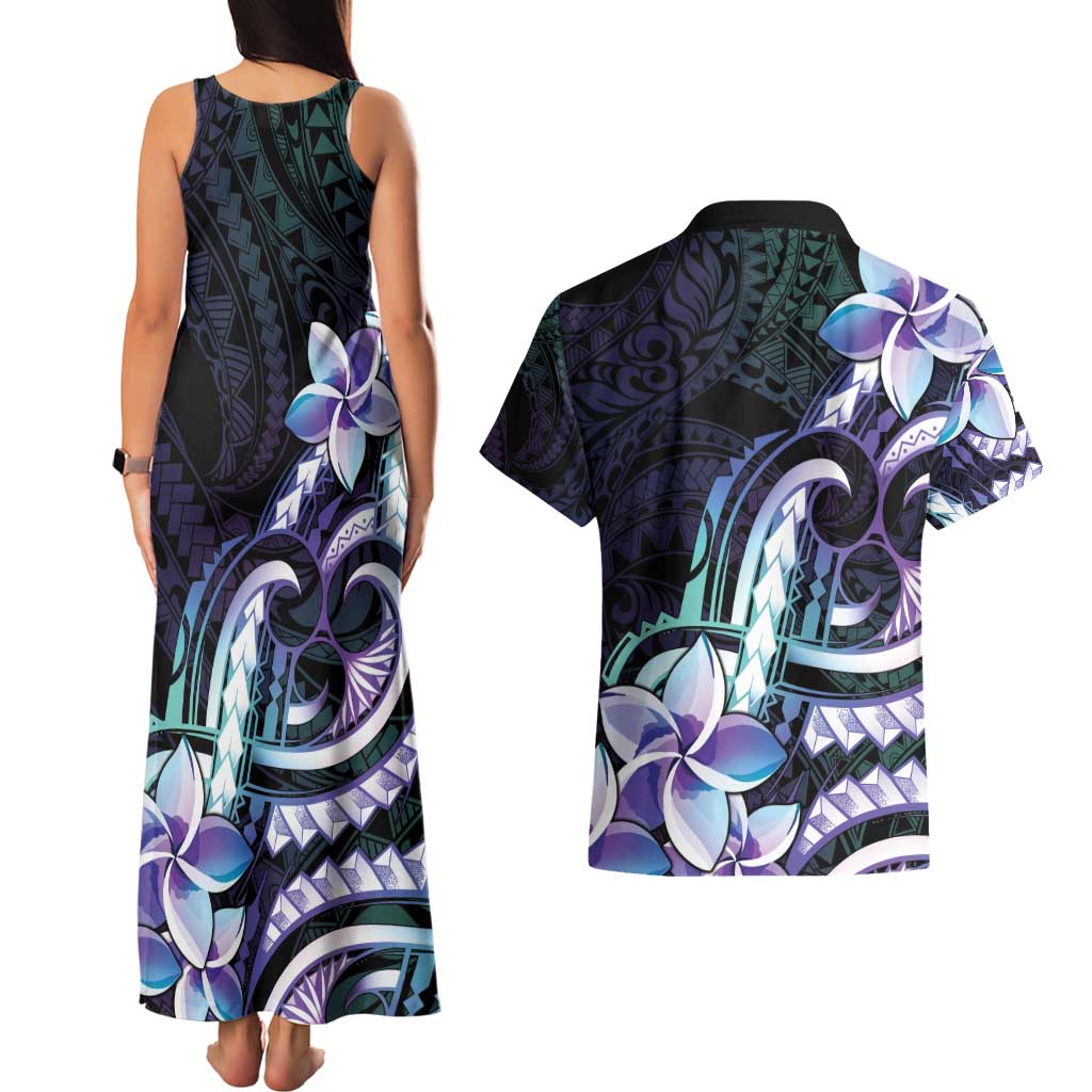 Polynesian Art Tattoo Couples Matching Tank Maxi Dress and Hawaiian Shirt Plumeria Flowers Turquoise Gradient
