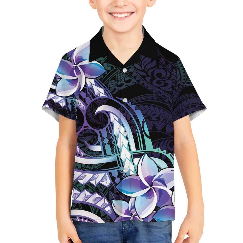 Polynesian Art Tattoo Family Matching Long Sleeve Bodycon Dress and Hawaiian Shirt Plumeria Flowers Turquoise Gradient