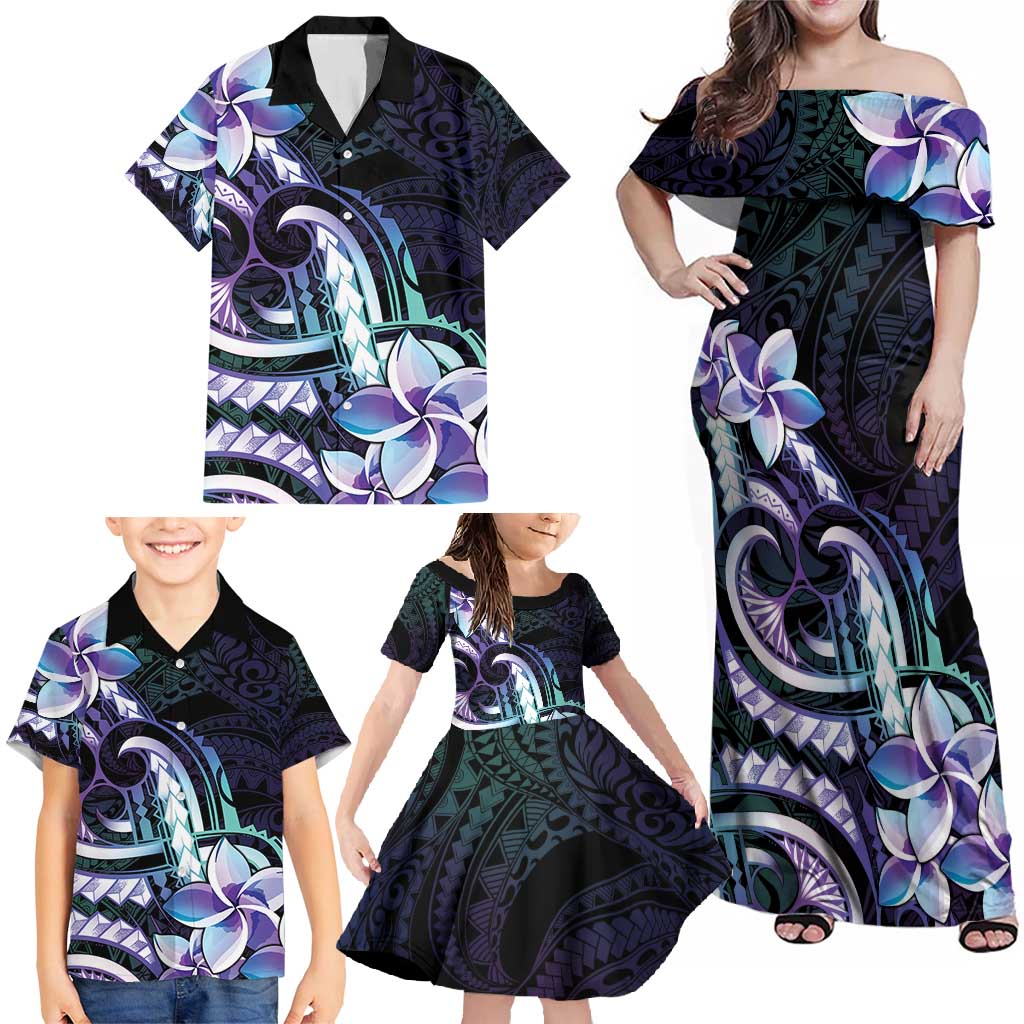 Polynesian Art Tattoo Family Matching Off Shoulder Maxi Dress and Hawaiian Shirt Plumeria Flowers Turquoise Gradient