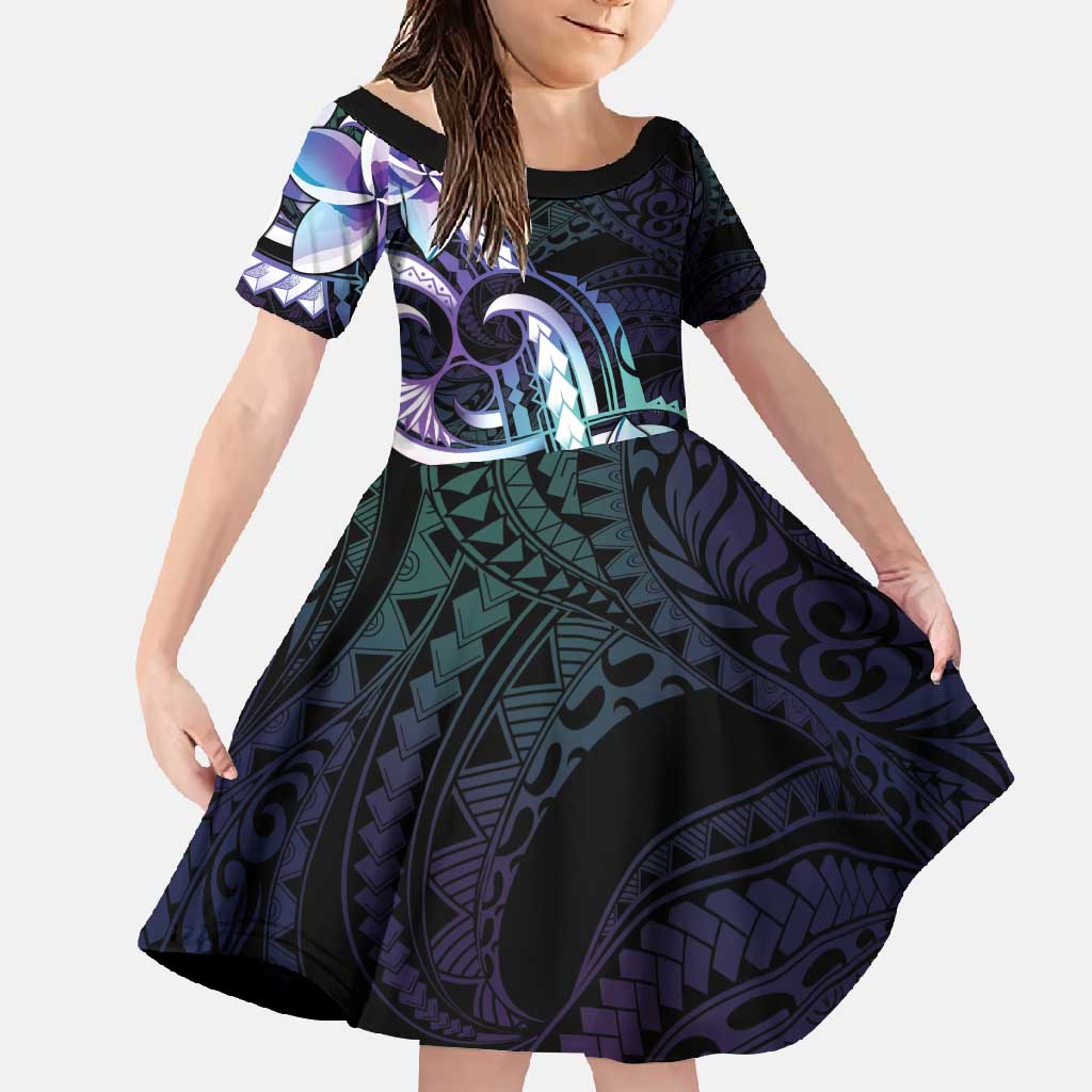 Polynesian Art Tattoo Family Matching Short Sleeve Bodycon Dress and Hawaiian Shirt Plumeria Flowers Turquoise Gradient LT05 Daughter's Dress Turquoise - Polynesian Pride