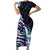 Polynesian Art Tattoo Family Matching Short Sleeve Bodycon Dress and Hawaiian Shirt Plumeria Flowers Turquoise Gradient