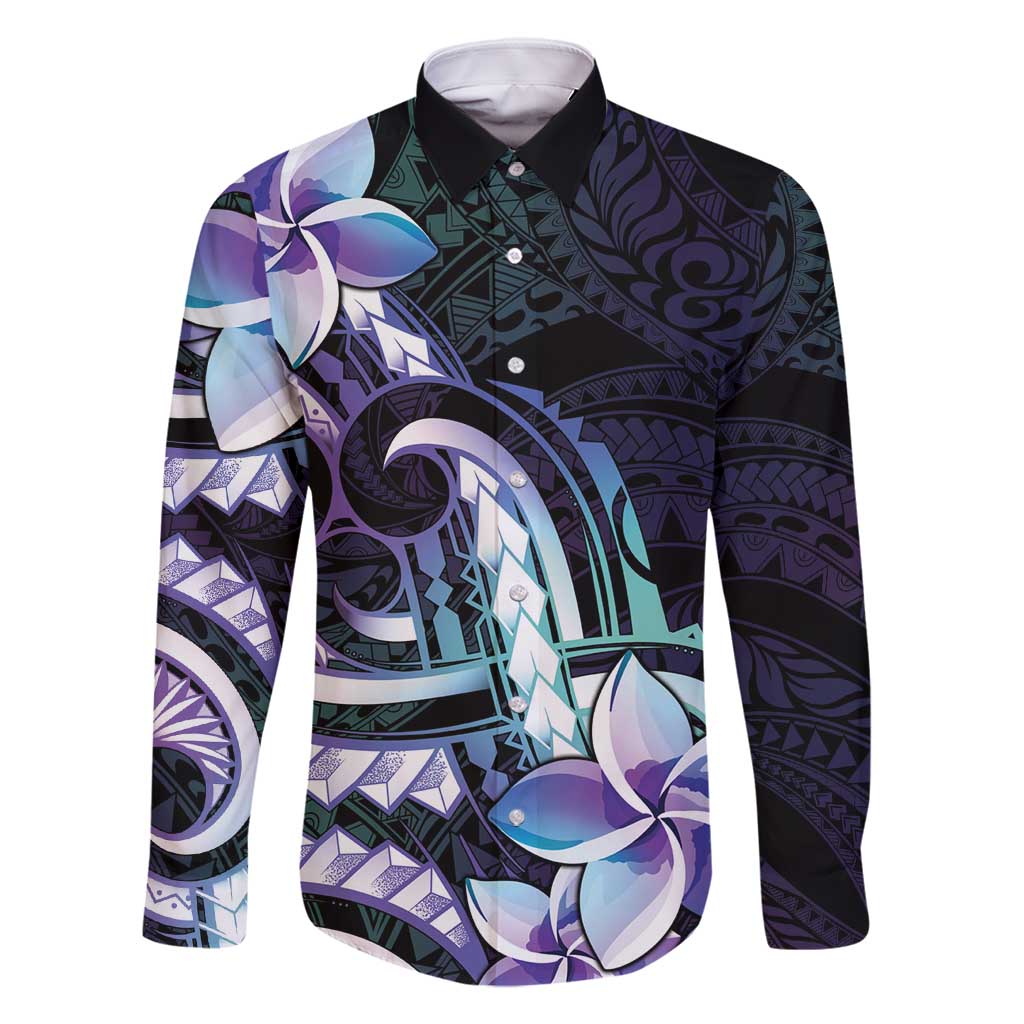 Polynesian Art Tattoo Family Matching Tank Maxi Dress and Hawaiian Shirt Plumeria Flowers Turquoise Gradient