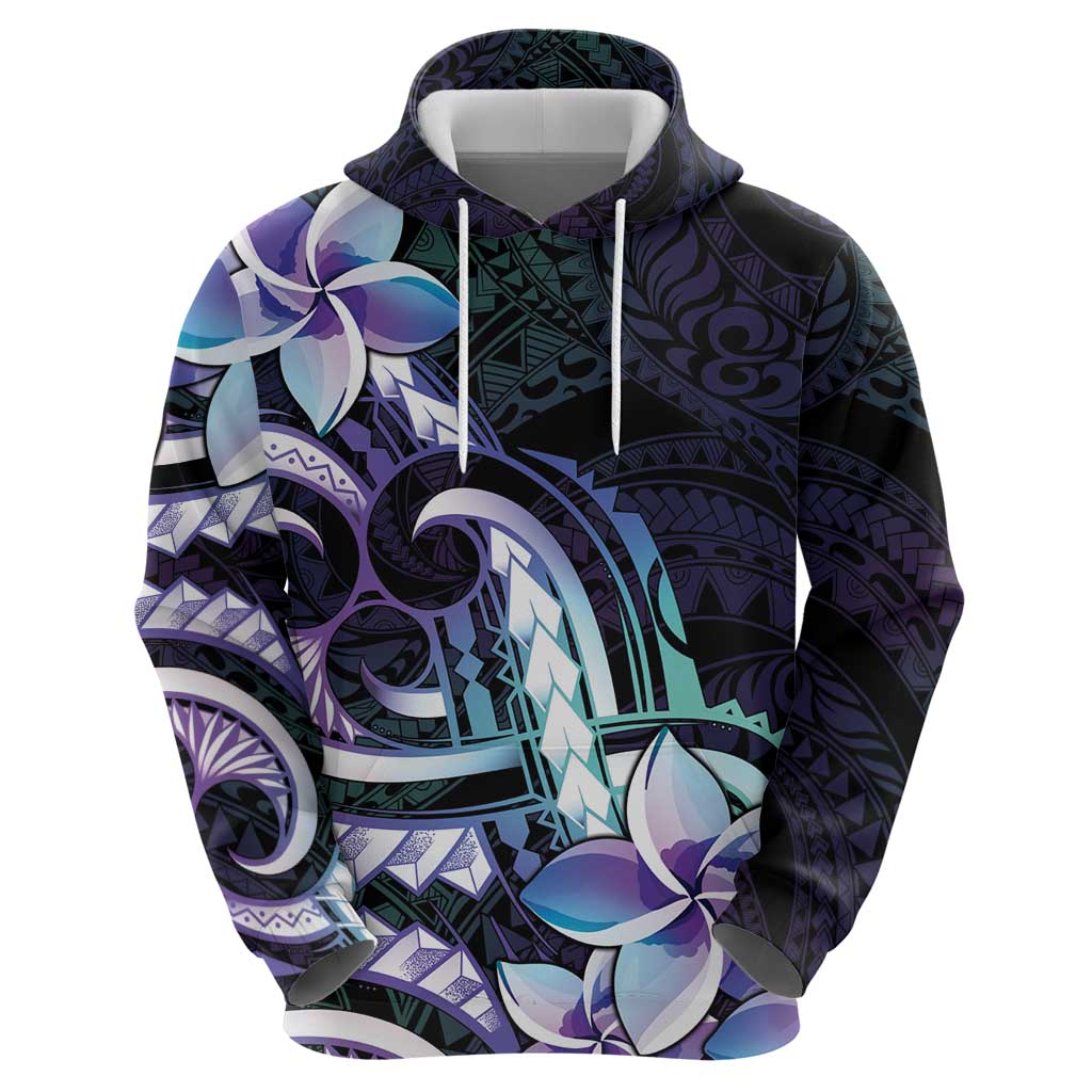 Polynesian Art Tattoo Hoodie Plumeria Flowers Turquoise Gradient