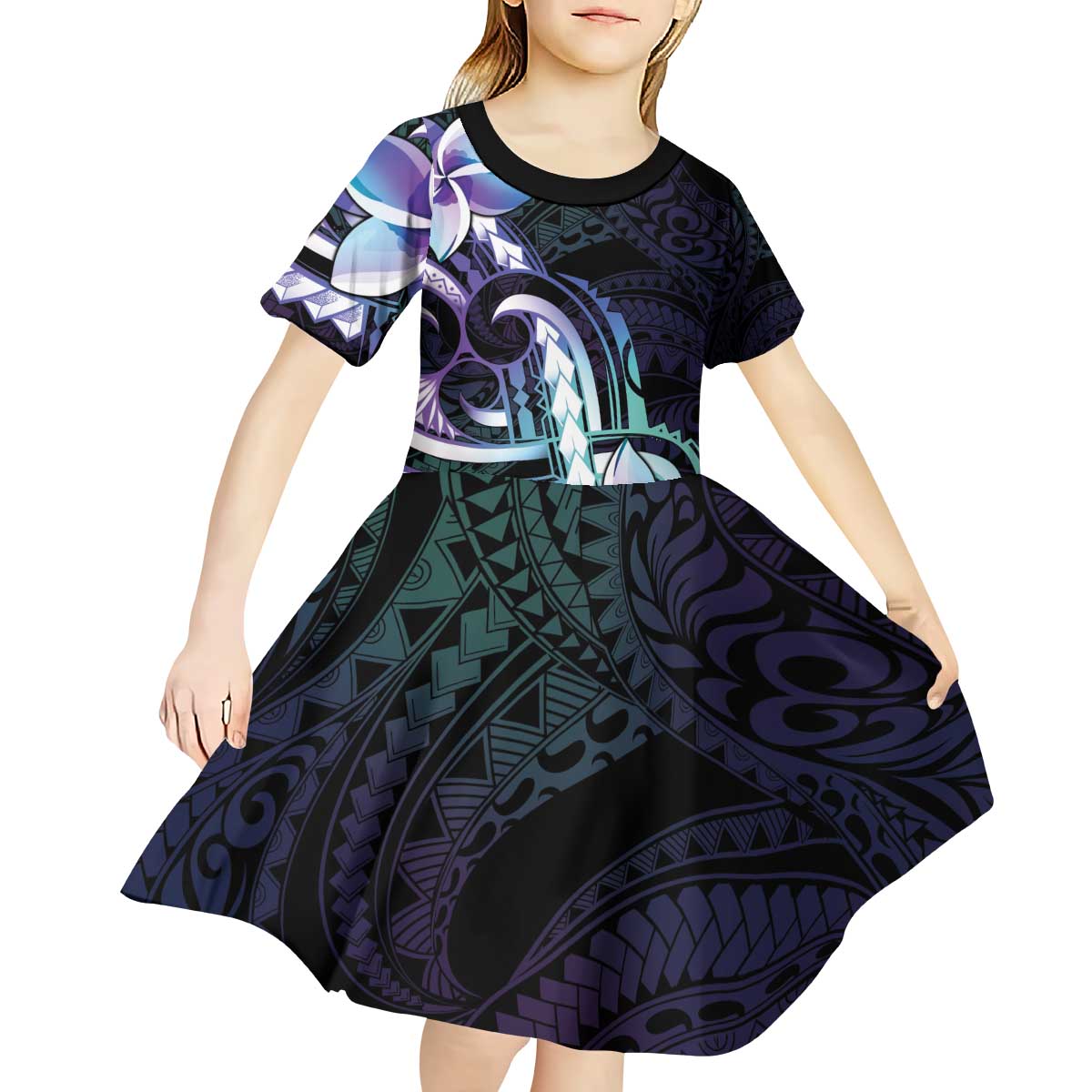 Polynesian Art Tattoo Kid Short Sleeve Dress Plumeria Flowers Turquoise Gradient