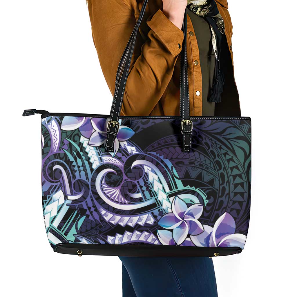 Polynesian Art Tattoo Leather Tote Bag Plumeria Flowers Turquoise Gradient LT05 - Polynesian Pride
