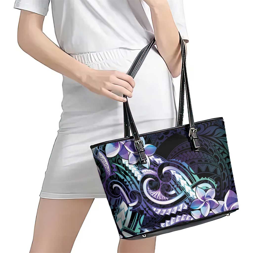 Polynesian Art Tattoo Leather Tote Bag Plumeria Flowers Turquoise Gradient LT05 - Polynesian Pride