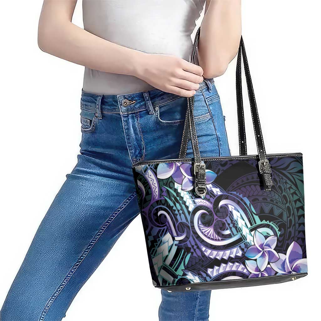 Polynesian Art Tattoo Leather Tote Bag Plumeria Flowers Turquoise Gradient LT05 - Polynesian Pride