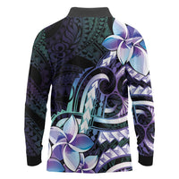 Polynesian Art Tattoo Long Sleeve Polo Shirt Plumeria Flowers Turquoise Gradient