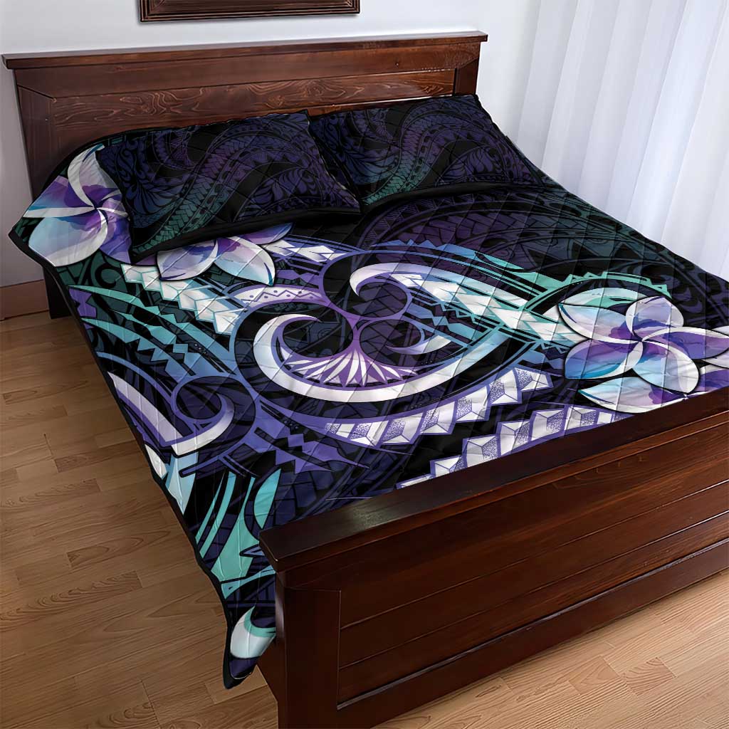 Polynesian Art Tattoo Quilt Bed Set Plumeria Flowers Turquoise Gradient