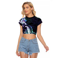 Polynesian Art Tattoo Raglan Cropped T Shirt Plumeria Flowers Turquoise Gradient