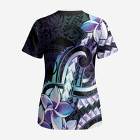 Polynesian Art Tattoo Scrub Top Plumeria Flowers Turquoise Gradient - Polynesian Pride