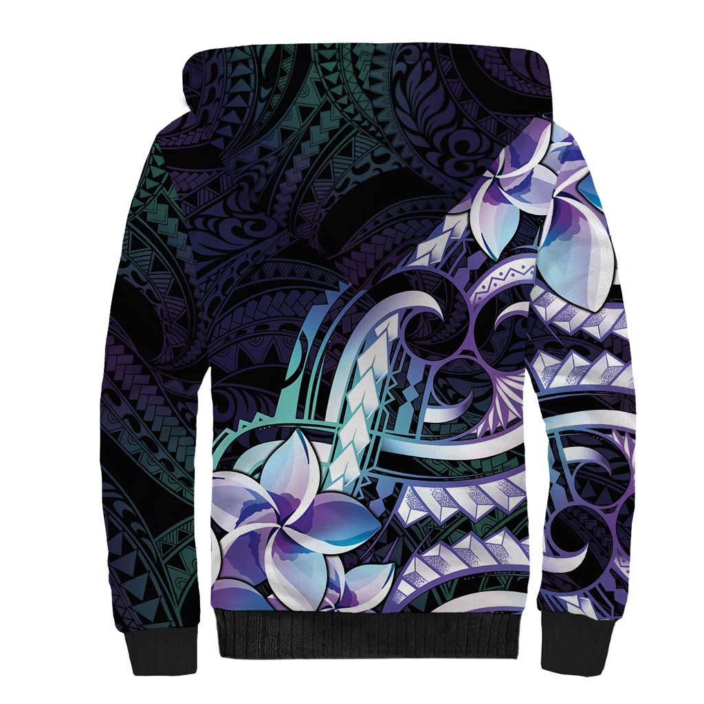 Polynesian Art Tattoo Sherpa Hoodie Plumeria Flowers Turquoise Gradient
