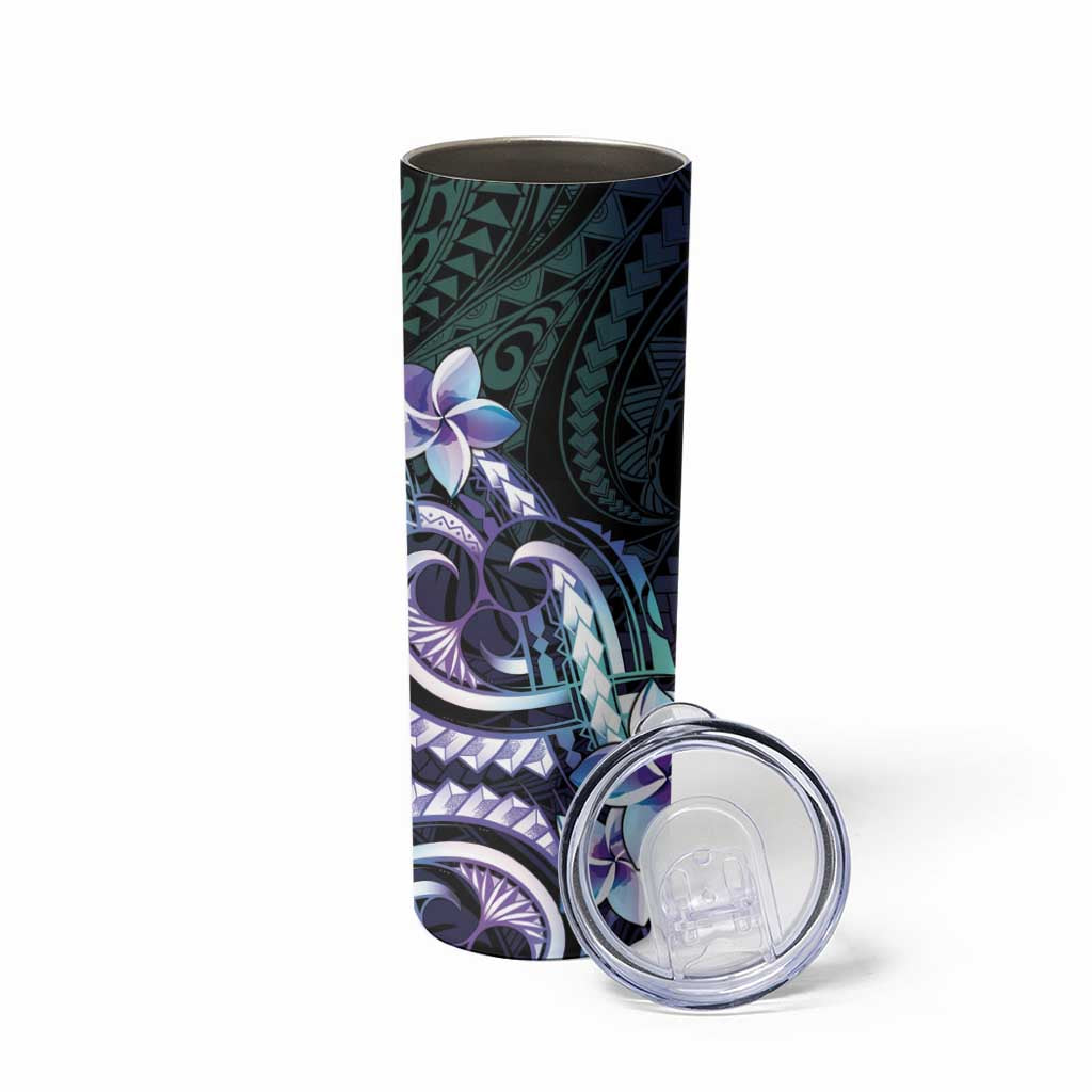 Polynesian Art Tattoo Skinny Tumbler Plumeria Flowers Turquoise Gradient LT05 - Polynesian Pride