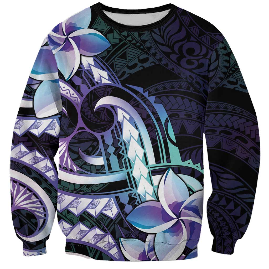 Polynesian Art Tattoo Sweatshirt Plumeria Flowers Turquoise Gradient