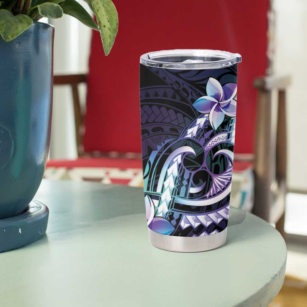 Polynesian Art Tattoo Tumbler Cup Plumeria Flowers Turquoise Gradient