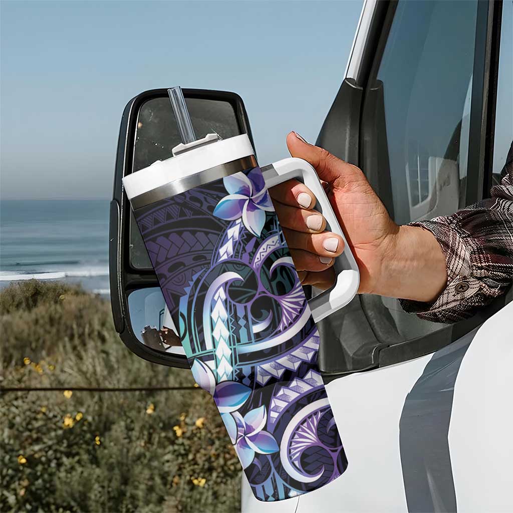 Polynesian Art Tattoo Tumbler With Handle Plumeria Flowers Turquoise Gradient